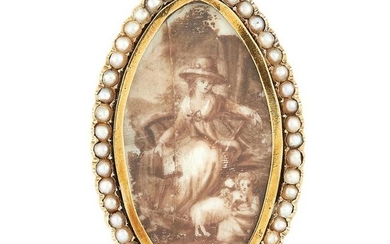AN ANTIQUE MINIATURE AND PEARL MOURNING RING depicting