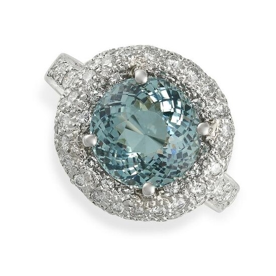 AN AQUAMARINE AND DIAMOND RING in platinum, set with a