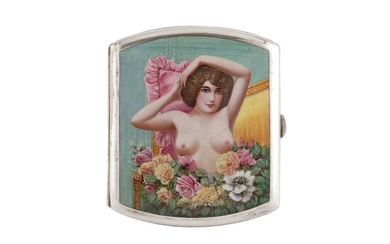 AN EARLY 20TH CENTURY ALPACA AND ENAMEL EROTIC CIGARETTE CASE
