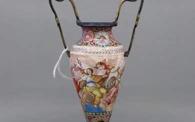 ANTIQUE VIENNESE ENAMEL ON GOLD GILT SILVER, AMPHORA SHAPED SPILL VASE ATOP A CLASSICAL DOLPHIN WITH RUBY SET EYES, SURMOUNTED BY PANTHERS ATOP VINING HANDLES, CLASSICAL HEAVENLY SCENES AROUND BODY AND EARTHLY SCENES WITH PUTTI TO SCALPED FLOAT
