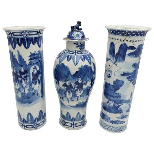 ASSEMBLED CHINESE BLUE AND WHITE GARNITURE OF THREE VASES QI...
