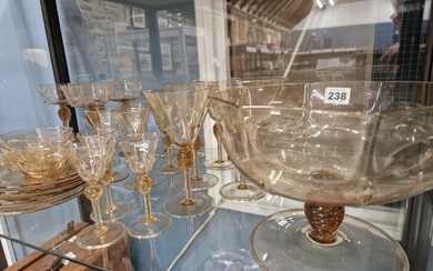 ATTRIBUTED TO SALVIATI, A PALE AMBER GLASS PART DRINKING SET, THE BASES OF THE OCTAGONAL BOWLS
