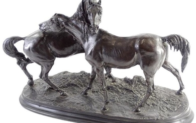After Mene. A bronzed spelter figure of two horses,...