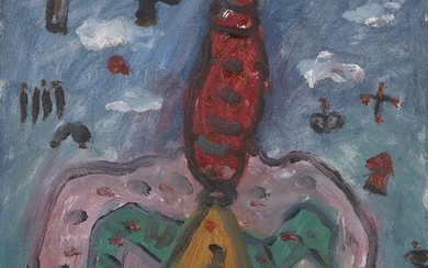 Alan Davie CBE RA HRSW, Scottish 1920-2014 - Red Erection, 2010; Oil on board, signed, titled and dated verso 'Alan Davie 2010 Red Erection', 35 x 40 cm (ARR) Provenance: purchased from the Estate of the Artist by the current owner