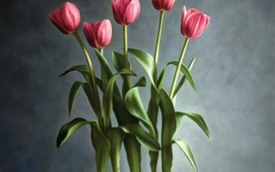 Albert Benaroya b.1963 (Israeli) Vase of pink tulips