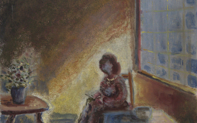 Albert Goldman (1922-2011) - Knitting Woman, Oil on Canvas.