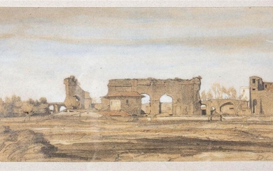 Alexandre Gabriel DECAMPS (1803-1860), "Ruins in Italy". Charcoal...