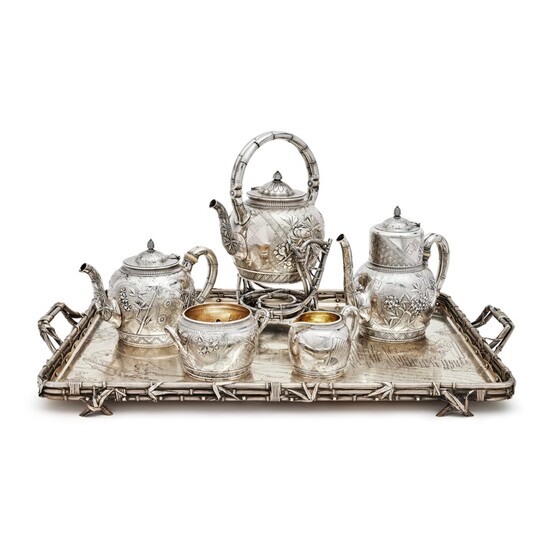 American Aesthetic Movement silver five-piece tea and coffee set with matching tray, Gorham Mfg. Co., Providence, RI, 1877 and 1880