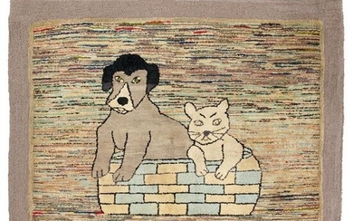 American Folk Art cat & dog hooked rug