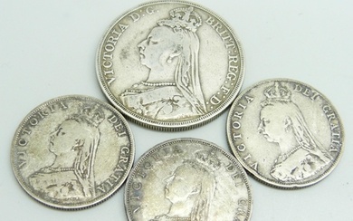 An 1889 silver crown and three 1887 silver florins, 61.3g