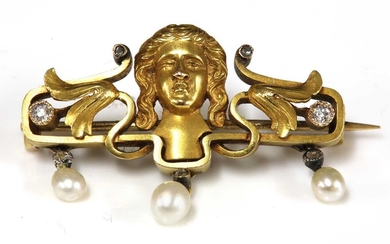 An Art Nouveau Continental pearl and diamond bar brooch