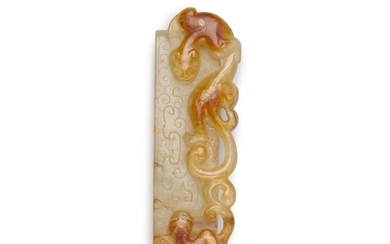 An archaistic celadon and russet jade scabbard slide, Probably Song dynasty | 或宋 褐斑青玉仿古劍璏