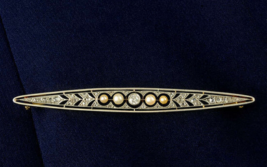 An early 20th century platinum and 18ct gold, diamond and seed pearl bar brooch.