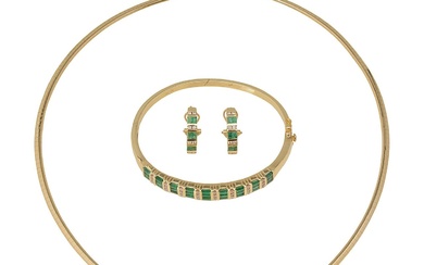 An emerald and diamond-set demi parure