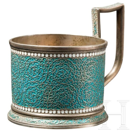 An enamelled silver tea glass holder, Gustav Klingert