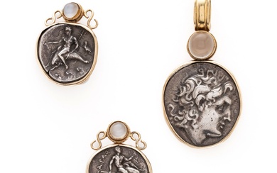 Ancient Greek Coins Now Earrings And Pendant, Ca. 380 BC, H 2.2" 40g 3 pcs