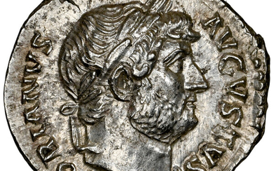 Ancients: , Hadrian (AD 117-138). AR denarius (19mm, 3.59 gm, 6h). NGC Choice AU 5/5 - 3/5, Fine Style....