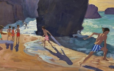 Andrew Macara, British b.1944 - Grand Plage, Biarritz, 1993; oil on canvas, signed and dated lower right 'Andrew Macara, 1993', signed, titled and dated to the reverse, 56 x 127.2 cm (ARR)