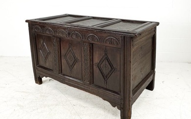 Antique 17thC English Charles II Carved Oak Paneled Coffer / Blanket Chest / Trunk