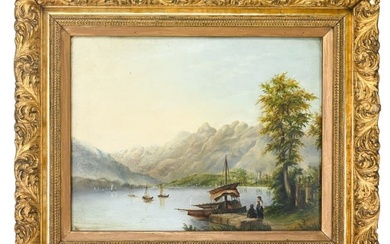 Antique 19th C Oil Painting European School Lake