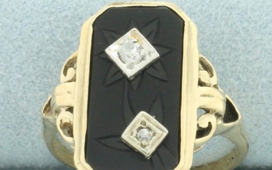 Antique Flower Etched Onyx and Diamond Ring in 10k Yellow Gold