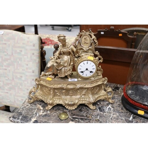 Antique French painted spelter figural clock, has key and pe...