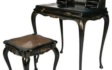 Antique Japanned Caned Black Lacquer & Decorated Desk
