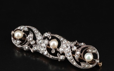 Antique Victorian 18K 1.15 CTW Diamond and Pearl Brooch with Sterling Top