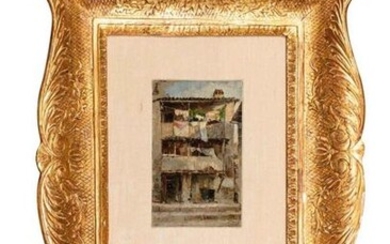 Antonio Reyna Manescau ( 1859- 1937) (Att.) Courtyard of Via Margutta early 20th centuryoil painting on cardboardframed, from the first half of the 19th century34 x 39 cm
