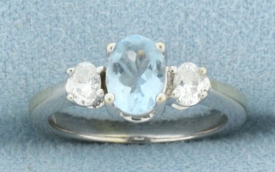 Aquamarine and Diamond Three Stone Ring in 14k White Gold