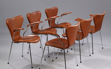 Arne Jacobsen. A set of six armchairs 'Syveren', model 3207, Cognac colored 'Vacona' aniline leather. (6)