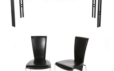 Arper Italian Black Leather Set of Six Side Chairs With