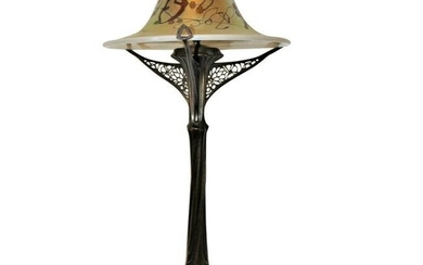 Art Nouveau Lamp, Art Glass Shade, Bronze Casting