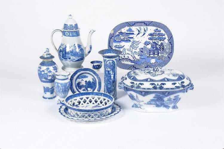 Assorted blue and white printed Staffordshire pottery
