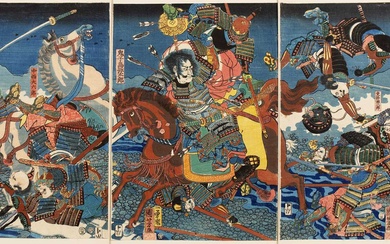 Attributed to Utagawa Kuniyoshi (1798-1861) Japanese woodblock print tryptich 'Warrior...