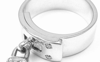 Authentic! Hermes 18k White Gold Diamond "H" Lock Band Ring Size 5
