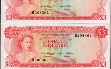 BAHAMAS. Lot of (3). Bahamas Monetary Authority. 3 Dollars, 1968. P-28a. Consecutive. Choice Uncirculated.