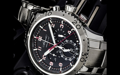 BREGUET. A STAINLESS STEEL AUTOMATIC FLYBACK CHRONOGRAPH WRISTWATCH WITH 1/10TH OF A SECOND, DUAL TIME, DATE AND BRACELET TYPE XXII MODEL, 10 HZ, CIRCA 2012