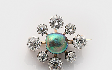 Belle Epoque Diamant-Brosche mit seltener Abalone-Perle