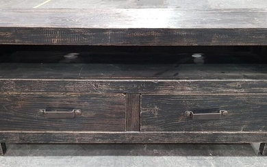Black Washed Timber Industrial Entertainment Unit with Two Drawers (H:61 x W:140 x D:42:cm)