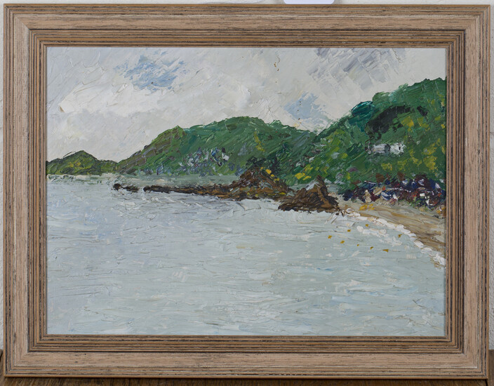 British School - Coastal View, late 20th century oil on board, 23cm x 32cm, within a faux wood frame