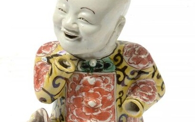 "Brother Hoho Sitting" in polychrome porcelain bisque with "Wucai" enamel. Period: 18th century, Kangxi period. (Two hands missing). H.:+/-15cm.