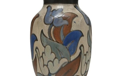 C. M. Bergen Polychrome Floral Incised Ceramic Vase.