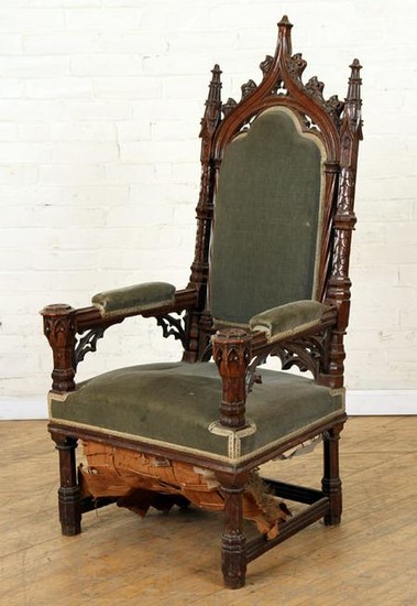 CARVED 19TH C. GOTHIC STYLE UPHOLSTERD ARM CHAIR