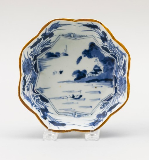 CHINESE BLUE AND WHITE PORCELAIN BOWL Floriform, with central blue and white landscape and a floral surround. Brown glazed edge. Hei...