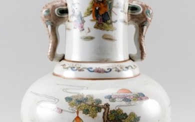 CHINESE FAMILLE VERTE PORCELAIN VASE In baluster form, with elephant's-head handles on stem and figural procession and bat decoratio..