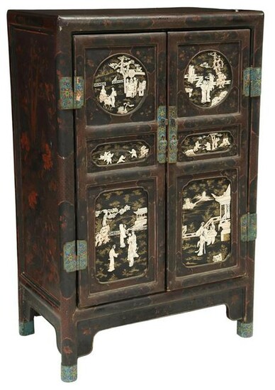 CHINESE LACQUER, CLOISONNE & APPLIED BONE CABINET