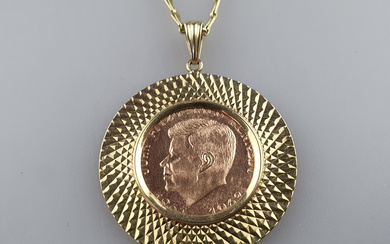 COIN PENDANT with chain - yellow gold 585/000 (14K), commemorative gold coin “JOHN FITZGERALD KENNEDY 1961 - 1963”.