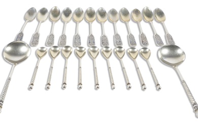 COLLECTION OF TWO RUSSIAN NIELLO SILVER SOUP SPOONS, NINE NIELLO COFFEE SPOONS AND TWELVE NIELLO TEASPOONS