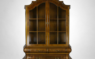 Cabinet with display case, late baroque style, walnut, intarsia, mascarons, brass fittings, 1930/40s.